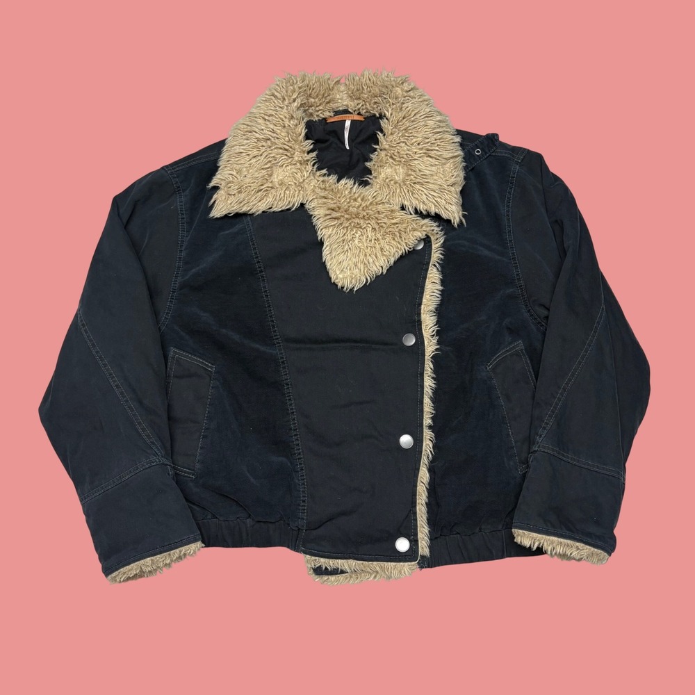 Free People Black Canvas Faux Shearling Moto Jacket Women Medium OB644837